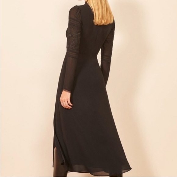 Reformation Adelia Dress Side-Buttons Long-Sleeve Midi Lace Sheer Black 8 EUC - Picture 7 of 8